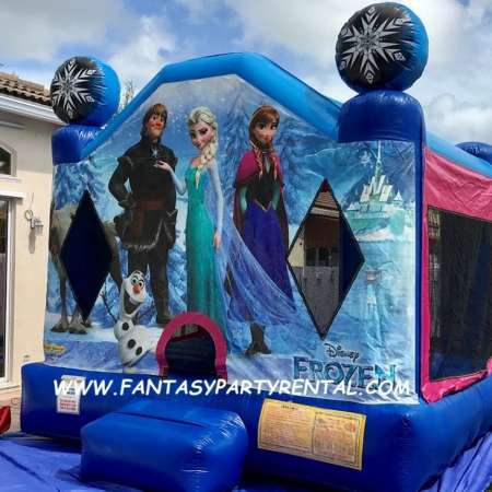 Disney Frozen full face bounce house 13×13 featuring Elsa, Anna, Kristoff, Sven and Olaf.