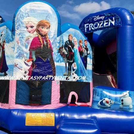 Disney Frozen combo 5 in 1 bounce house. Bounce, obstacles, basketball hoop, climb, dry slide.