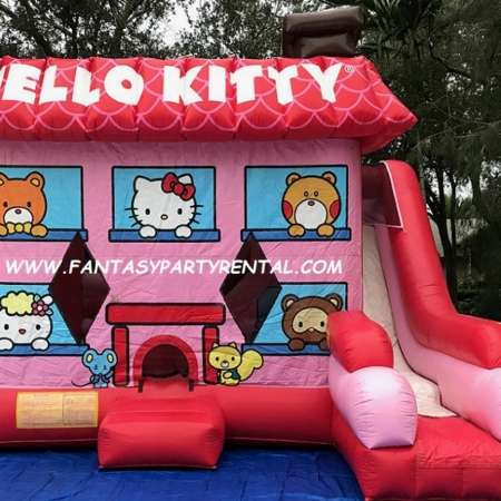 Hello Kitty Combo 7 in 1 bounce house. Bounce, 2 basketball hoops, pop up and side obstacles, climb, dry slide.