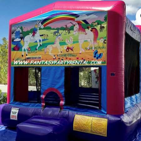 Pink, purple and blue standard size bounce house with basketball hoop Horse Fantasy Land theme.