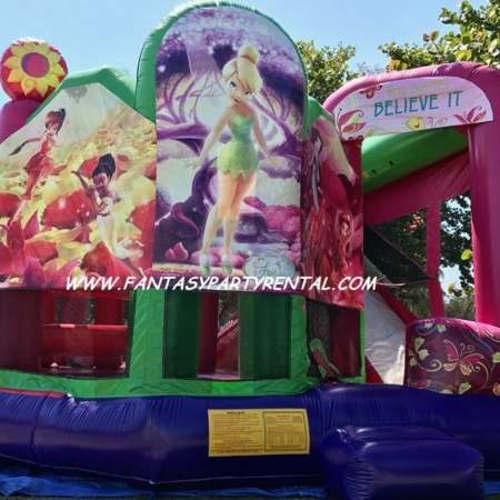Tinkerbell Full Face Combo 5 in 1 bounce house. Bounce, basketball hoop, obstacles, climb, dry slide.