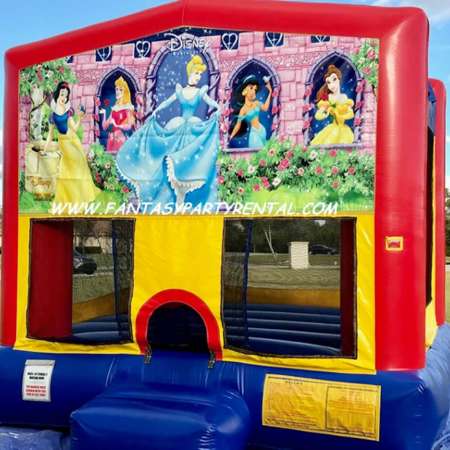 Disney Princess primary colors bounce house with basketball hoop.