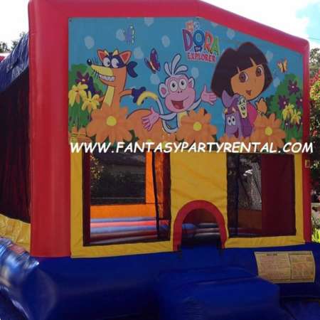 Dora primary colors bounce house with basketball hoop.