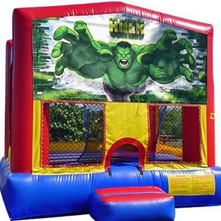 Hulk primary colors bounce house with basketball hoop.