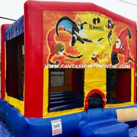 Incredibles primary colors bounce house with basketball hoop.
