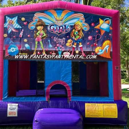It's a Girl Thing pink and purple Dream Collection bounce house with basketball hoop.