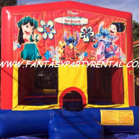 Lilo and Stitch primary colors bounce house with basketball hoop.
