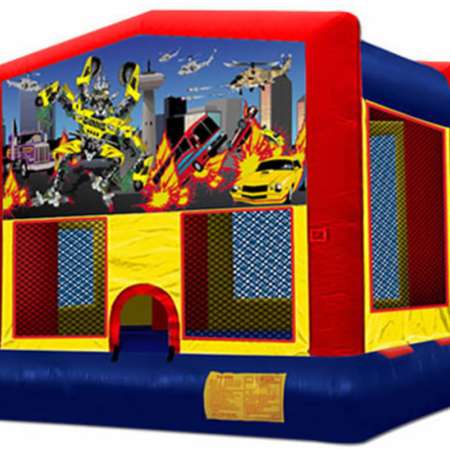 Robo Cars primary colors bounce house with basketball hoop.