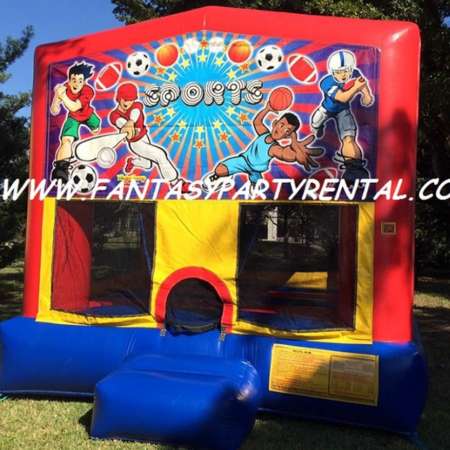 Sports primary colors bounce house with basketball hoop.