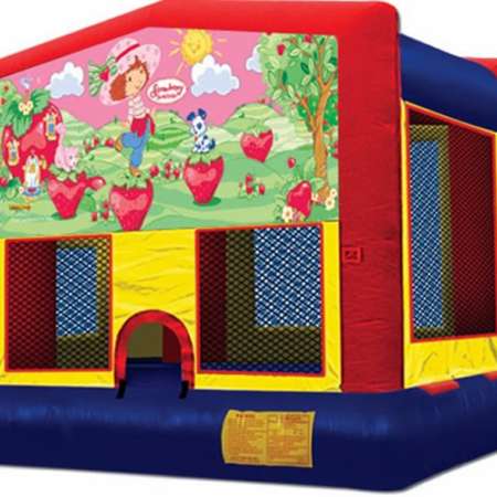 Strawberry Shortcake primary colors bounce house with basketball hoop.