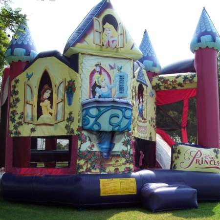 Disney Princess Combo 5 in 1 bounce house. Bounce, obstacles, basketball hoop, climb, dry slide.