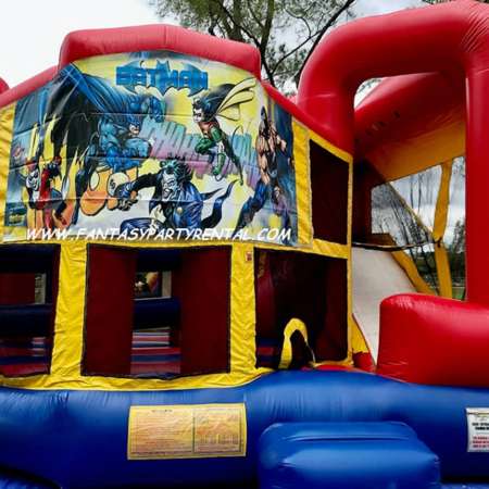 Batman Combo 5 in 1 primary colors bounce house. Bounce, obstacles, basketball hoop, climb, dry slide.