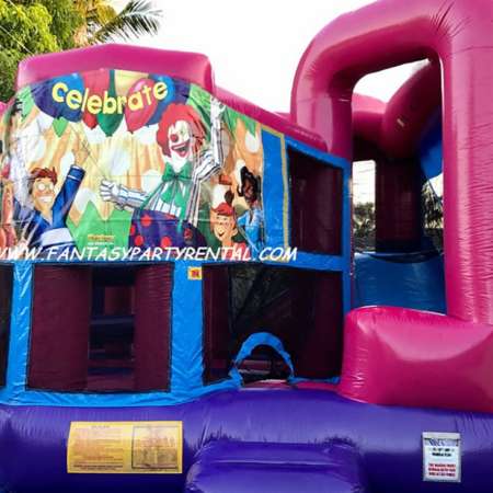 Celebrate pink and purple Combo 5 in 1 bounce house. Bounce, obstacles, basketball hoop, climb, dry slide.