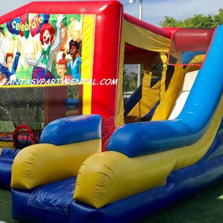 Celebrate Combo 7 in 1 bounce house. Bounce, pop up and side obstacles, 2 basketball hoops, climb, dry slide.