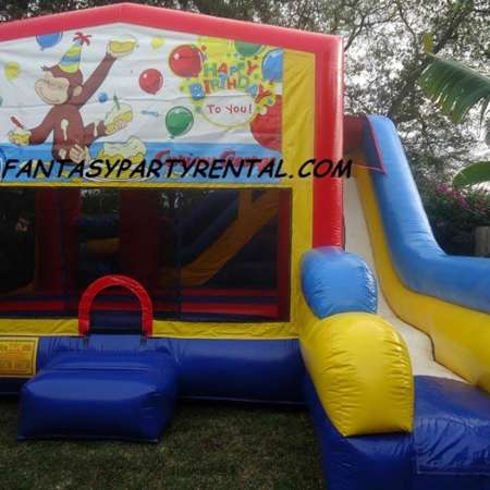 Curious George Combo 7 in 1 bounce house. Bounce, pop up and side obstacles, 2 basketball hoops, climb, dry slide.