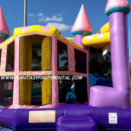 Dazzling Collection Combo 5 in 1 bounce house. Lavender, baby pink and yellow . Bounce, basketball hoop, obstacles, climb, dry slide.