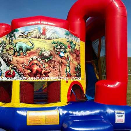 Dinosaur themed primary colors backyard combo 4 in 1. Bounce, basketball hoop, climb, dry slide.