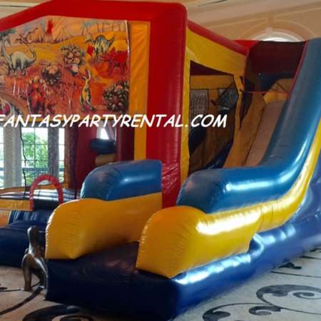 Dinosaur Combo 7 in 1 bounce house. Bounce, pop up and side obstacles, 2 basketball hoops, climb, dry slide.