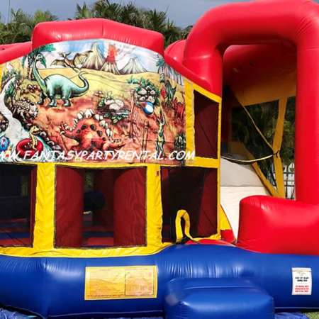 Dinosaur primary colors Combo 5 in 1. Bounce, basketball hoop, obstacles, climb, dry slide.