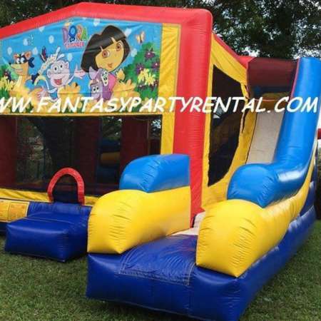 Dora Combo 7 in 1 bounce house. Bounce, pop up and side obstacles, 2 basketball hoops, climb, dry slide.