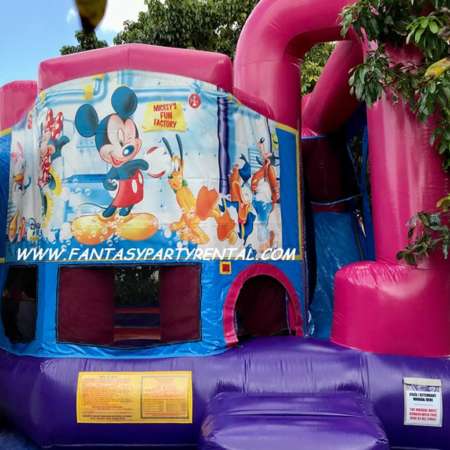Mickey mouse theme Pink and purple dream backyard combo 4 in 1. Bounce, basketball hoop, climb, dry slide.