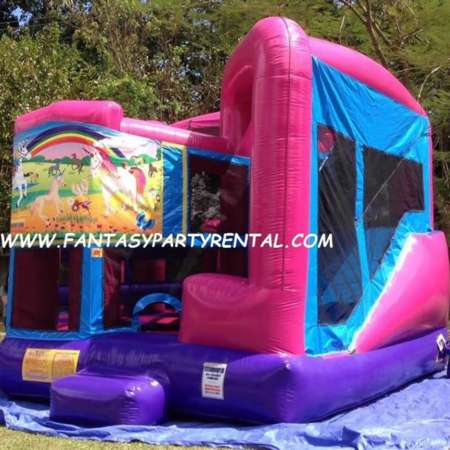 Horse Fantasy Land pink and purple Combo 5 in 1 bounce house. Bounce, obstacles, basketball hoop, climb, dry slide.