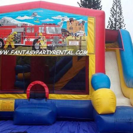 Fireman Combo 7 in 1 bounce house. Bounce, pop up and side obstacles, 2 basketball hoops, climb, dry slide.