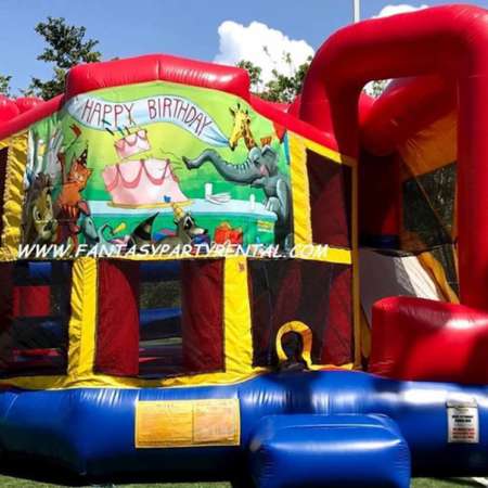 Happy Birthday primary colors Combo 5 in 1. Bounce, basketball hoop, obstacles, climb, dry slide.