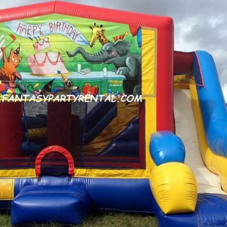 Happy Birthday Combo 7 in 1 bounce house. Bounce, pop up and side obstacles, 2 basketball hoops, climb, dry slide.