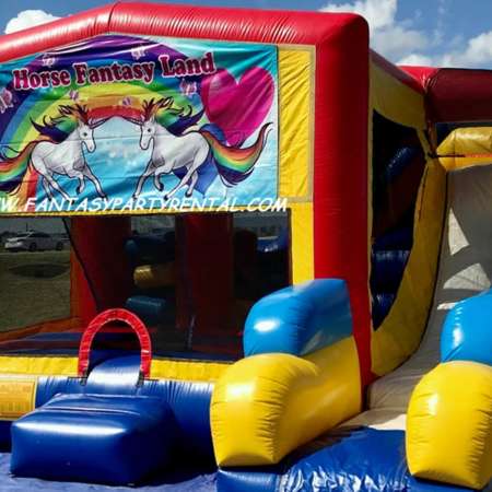 Horse Fantasy Land Combo 7 in 1 bounce house. Bounce, pop up and side obstacles, 2 basketball hoops, climb, dry slide.