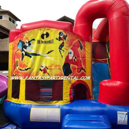Incredibles themed primary colors backyard combo 4 in 1. Bounce, basketball hoop, climb, dry slide.
