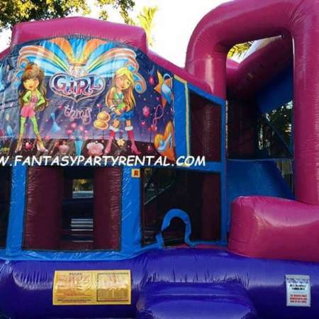It's a Girl Thing pink and purple Combo 5 in 1 bounce house. Bounce, obstacles, basketball hoop, climb, dry slide.