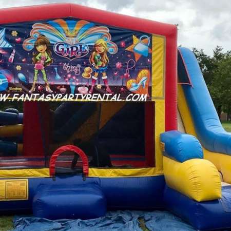 It's a Girl Thing Combo 7 in 1 bounce house. Bounce, pop up and side obstacles, 2 basketball hoops, climb, dry slide.