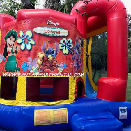 Lilo and Stitch themed primary colors backyard combo 4 in 1. Bounce, basketball hoop, climb, dry slide.