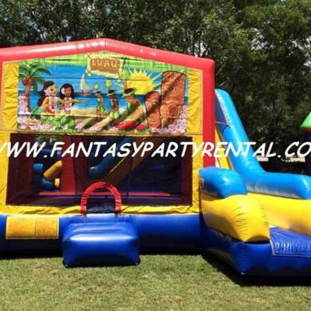 Luau Combo 7 in 1 bounce house. Bounce, pop up and side obstacles, 2 basketball hoops, climb, dry slide.