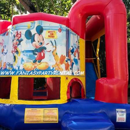 Mickey mouse themed primary colors backyard combo 4 in 1. Bounce, basketball hoop, climb, dry slide.