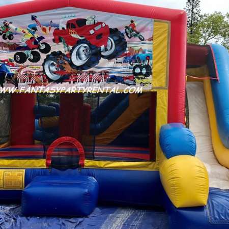 Monster Truck Combo 7 in 1 bounce house. Bounce, pop up and side obstacles, 2 basketball hoops, climb, dry slide.