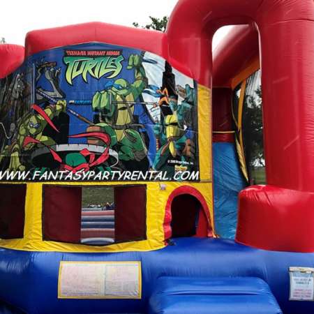 Ninja Turtle Primary colors backyard combo 4 in 1 bounce house. Bounce, basketball hoop, climb, dry slide.