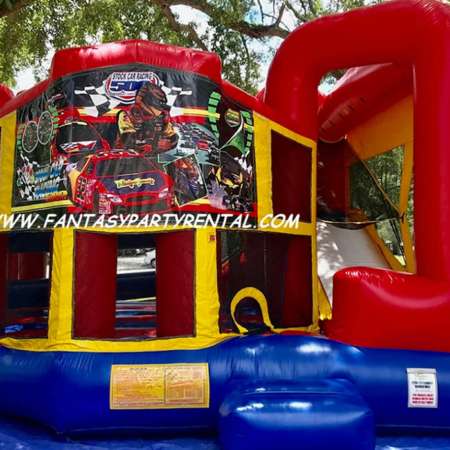 Racing Cars primary colors Combo 5 in 1. Bounce, basketball hoop, obstacles, climb, dry slide.