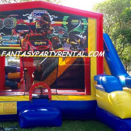 Racing Cars Combo 7 in 1 bounce house. Bounce, pop up and side obstacles, 2 basketball hoops, climb, dry slide.