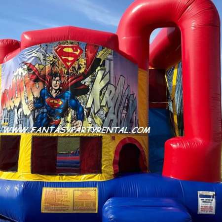 Superman Primary colors backyard combo 4 in 1 bounce house. Bounce, basketball hoop, climb, dry slide.