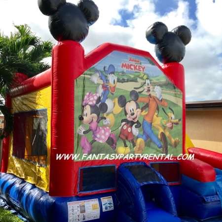 Mickey Mouse Combo 5 in 1 bounce house. Bounce, themed obstacle, basketball hoop, climb, dry slide.