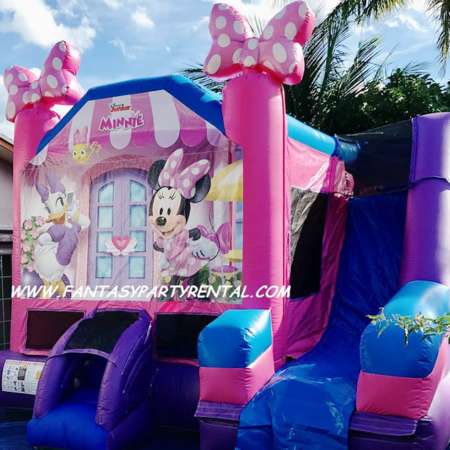 Minnie Mouse Combo 5 in 1 bounce house. Bounce, themed obstacle, basketball hoop, climb, dry slide.