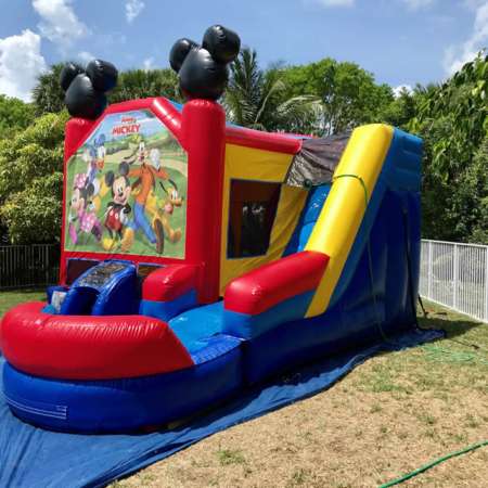 Mickey and Friends Combo 6 in 1 bounce house. Bounce, themed obstacle, basketball hoop, climb, slide, pool.