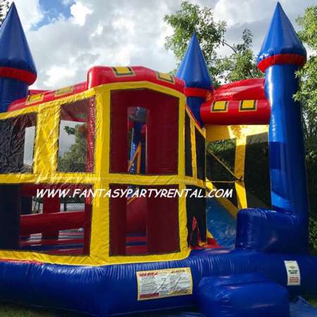 Castle Combo 5 in 1 Primary colors bounce house. Bounce, obstacles, basketball hoop, climb, dry slide.