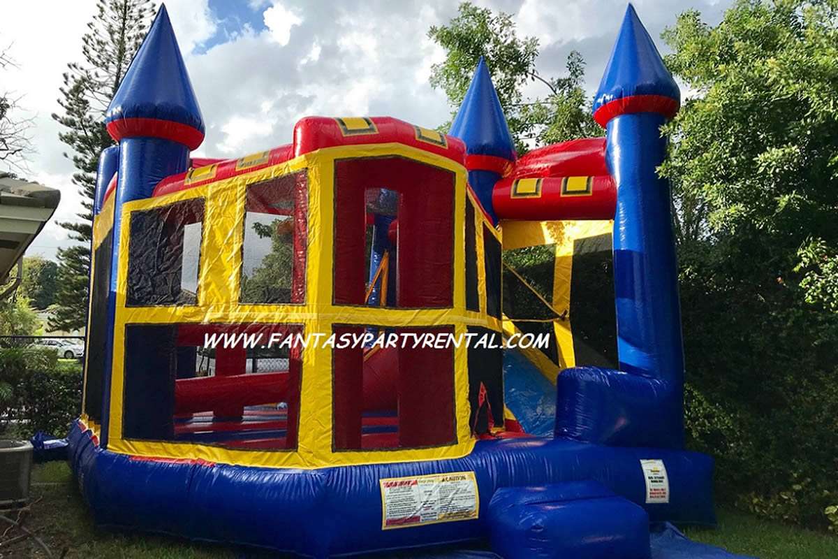 Castle Combo 5 in 1 Primary colors bounce house. Bounce, obstacles, basketball hoop, climb, dry slide.