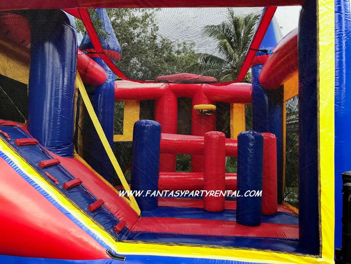 Castle Combo 5 in 1 Primary colors rear view of obstacles, basketball hoop and climbing area.