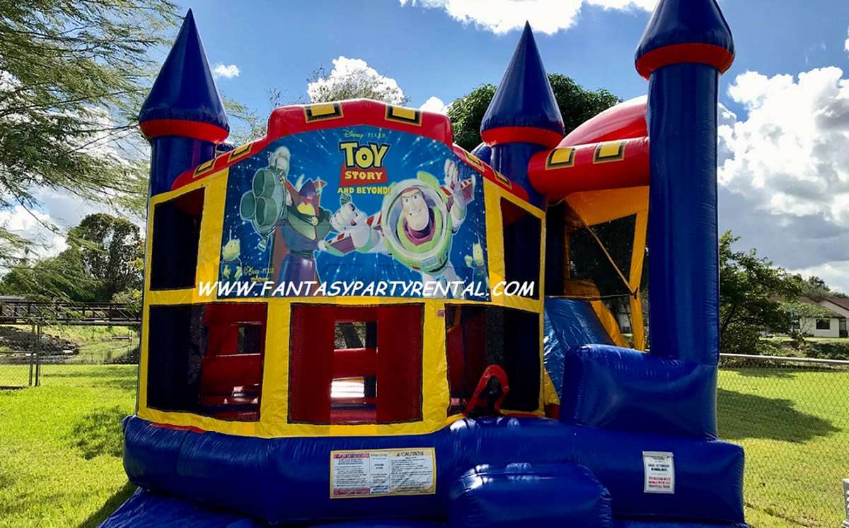Castle Combo 5 in 1 Primary colors bounce house. Bounce, obstacles, basketball hoop, climb, dry slide.
