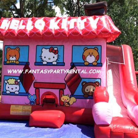 Hello Kitty Combo 7 in 1 bounce house. Bounce, 2 basketball hoops, pop up and side obstacles, climb, dry slide.