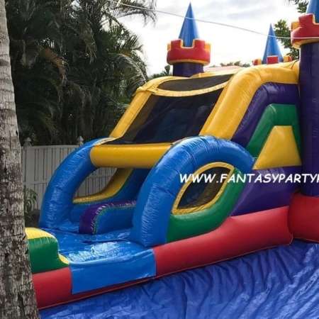 Lucky colors Combo 5 in 1 bounce house. Bouncing area, basketball hoop, climb, dual slide, splash pool.